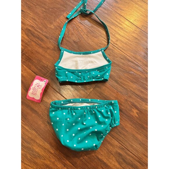NWT Ricrac & Ruffles Toddler Polka Dot Teal Infant Two-Piece Swimsuit Bikini 18m - Picture 2 of 5